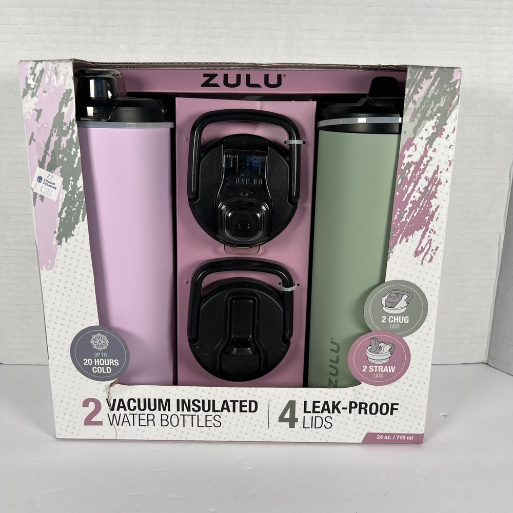 Zulu 24oz Vacuum Insulated Stainless Steel Water Bottle 2pk 4 Lids Purple Green